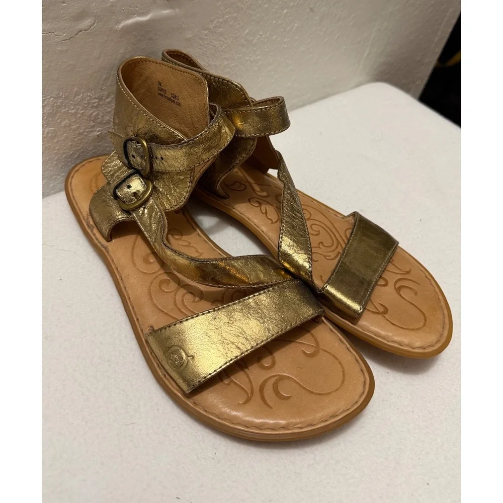 Born Mai Metallic Gold Leather Gladiator Sandals Double Buckle Women's 7M Boho